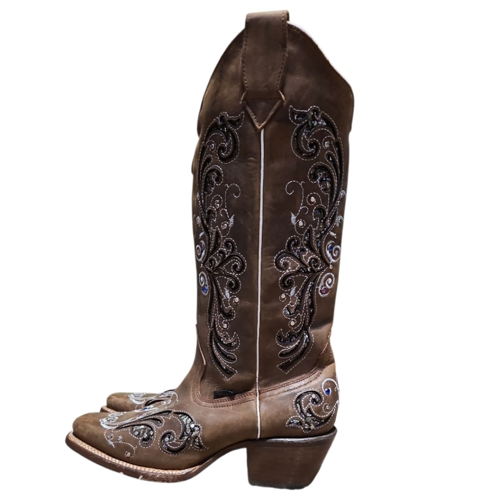 Sergal Learher Rhinestone Embellished Cowgirl Boots